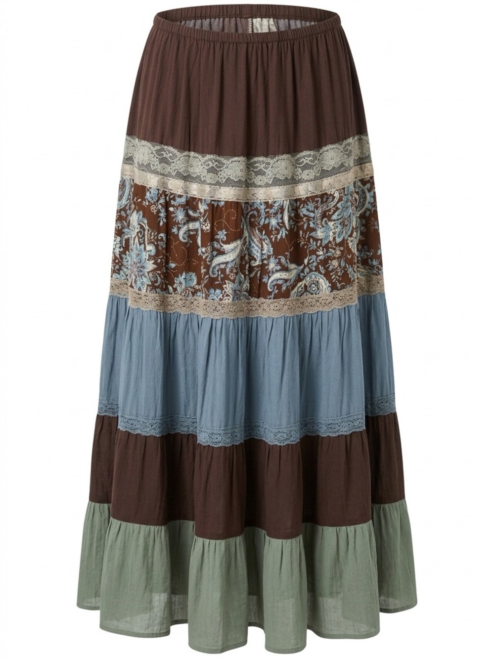 Women’s Tiered Maxi Skirt with Lace Trim - Brown, Blue & Green